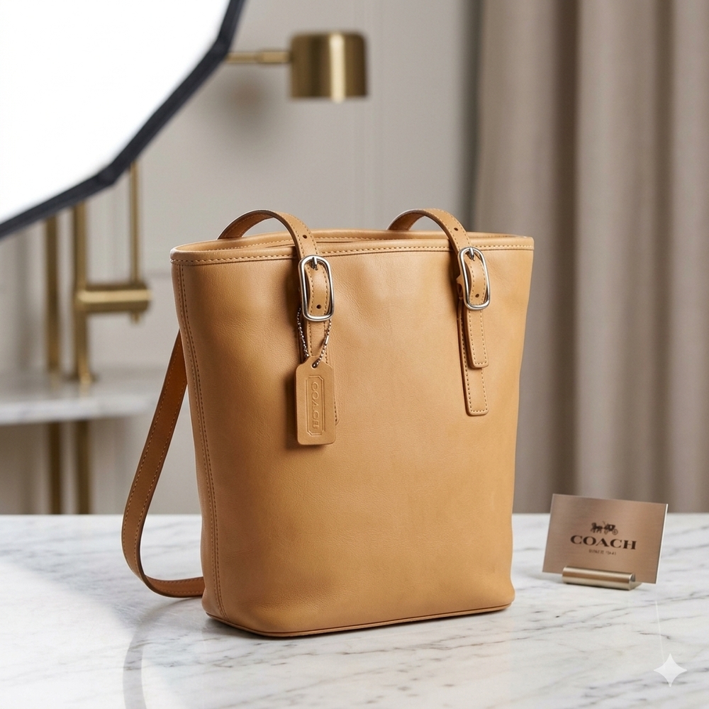 Coach Beige-Tan Leather Bucket Shoulder Bag